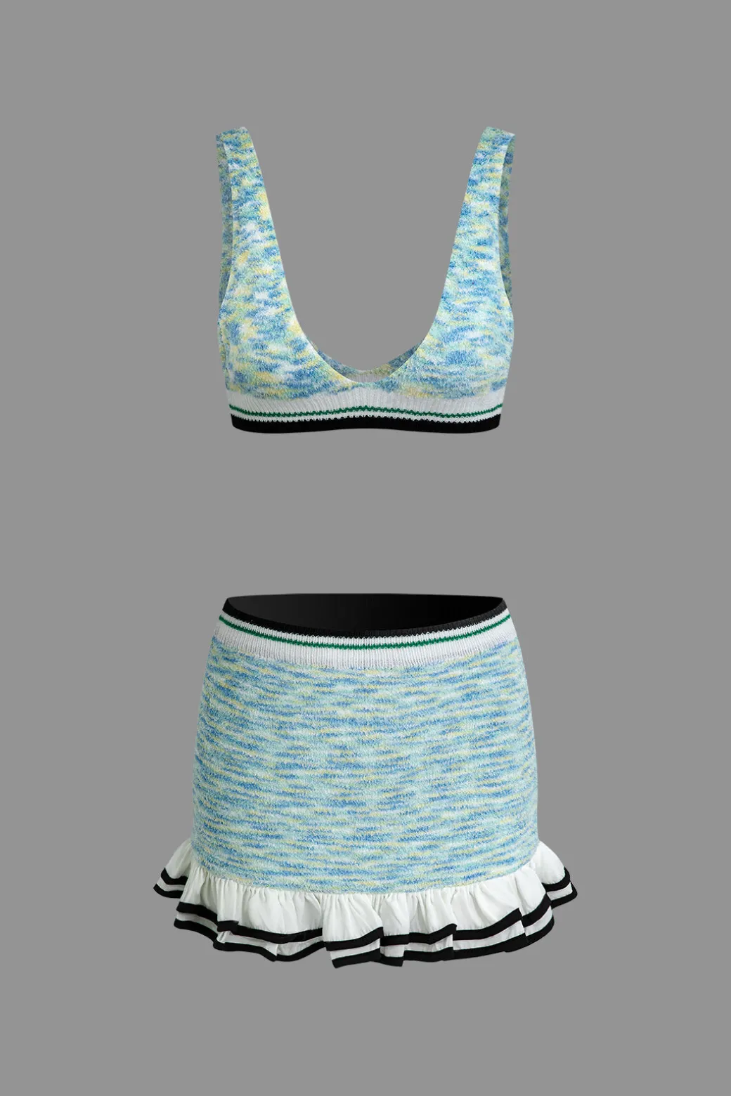 V-Neck Sleeveless Knit Tank Top And Ruffle Mini Skirt Set