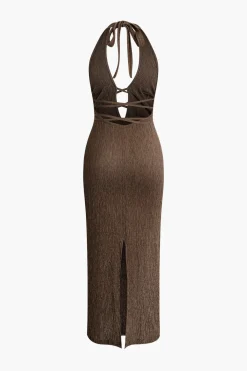 V-neck Tie Halter Slit Midi Dress