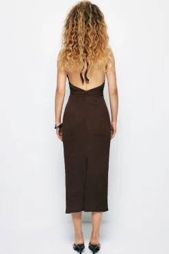 V-neck Tie Halter Slit Midi Dress