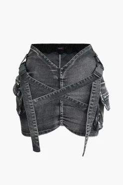 V-waist Buckle Flap Pocket Denim Cargo Skirt