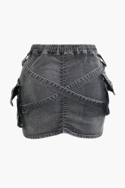 V-waist Buckle Flap Pocket Denim Cargo Skirt