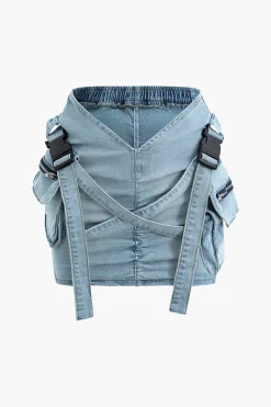 V-waist Buckle Flap Pocket Denim Cargo Skirt