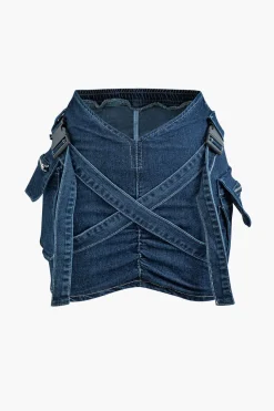 V-waist Buckle Flap Pocket Denim Cargo Skirt