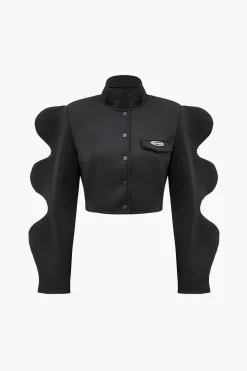 Wave Sleeve Buttoned Stand Collar Crop Jacket