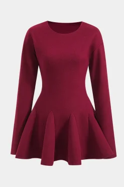 Woolen Round Neck Long Sleeve Puff Mini Dress