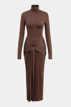 Wrap Ruched High Neck Long Sleeve Maxi Dress