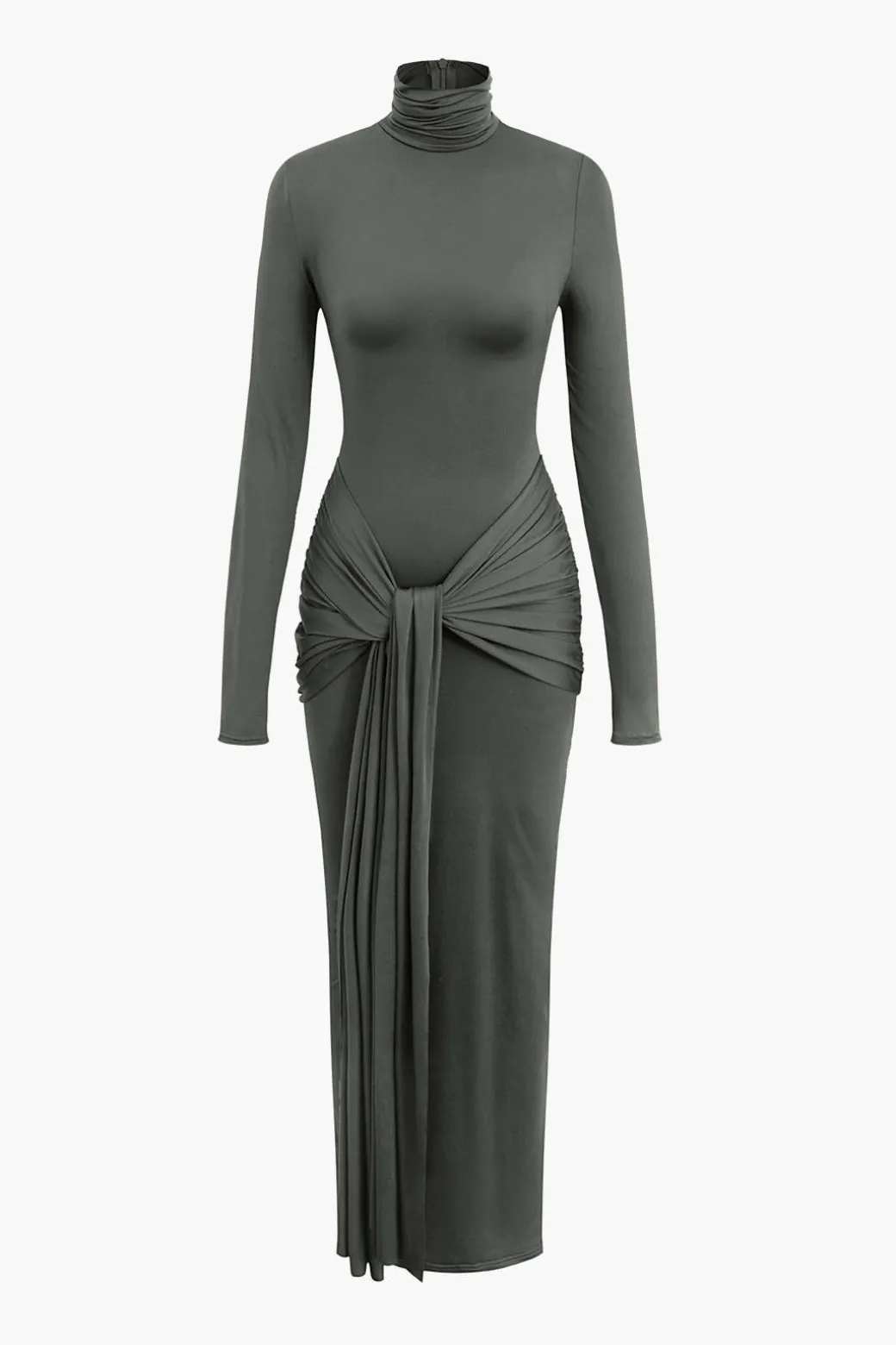 Wrap Ruched High Neck Long Sleeve Maxi Dress