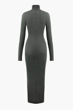 Wrap Ruched High Neck Long Sleeve Maxi Dress