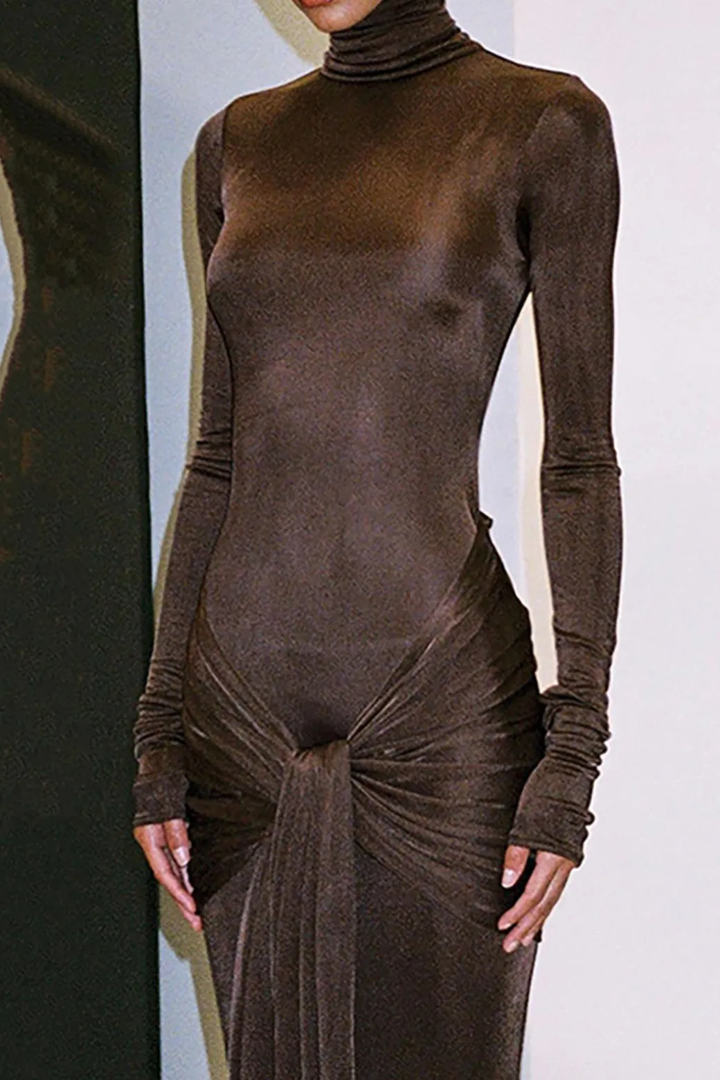 Wrap Ruched High Neck Long Sleeve Maxi Dress