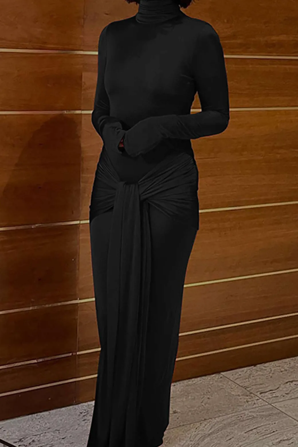 Wrap Ruched High Neck Long Sleeve Maxi Dress