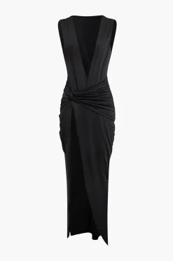 Wrap Ruched Slit Deep V-neck Sleeveless Maxi Dress
