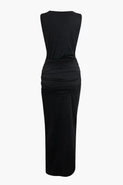 Wrap Ruched Slit Deep V-neck Sleeveless Maxi Dress