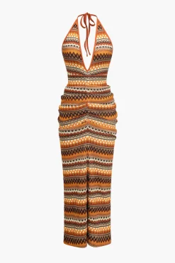 Zigzag Stripe Halter Backless Knit Maxi Dress