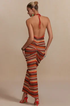 Zigzag Stripe Halter Backless Knit Maxi Dress