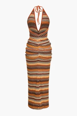 Zigzag Stripe Halter Backless Knit Maxi Dress