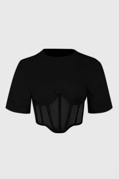 Zipper Short Sleeve Round Neck Corset Waist T-Shirt